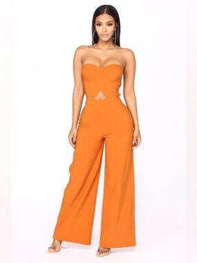 Fashion Nova Jumpsuit Womens Size M orange brown Strapless Sweetheart Wide-Leg